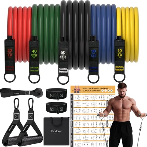 Fitness Widerstandsbänder Set – 5er Set Trainingsbänder mit Griffen, Türanker, Knöchelriemen & Poster – 70 KG/150 lbs Latex Expander für Krafttraining & Zuhause Workout