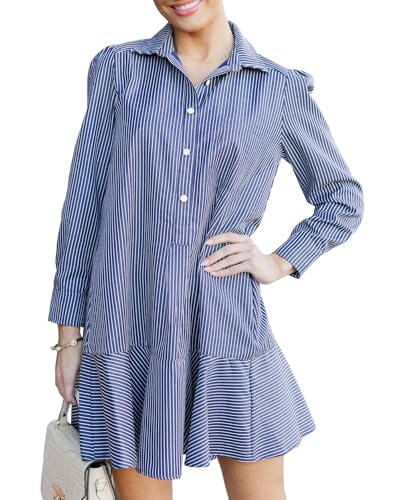 Image of YEXPINE Women's Tunic Mini Shirt Dress Cotton Linen Long Sleeve Button Up Ruffle Hem Loose Casual Summer Pockets Shift Dress