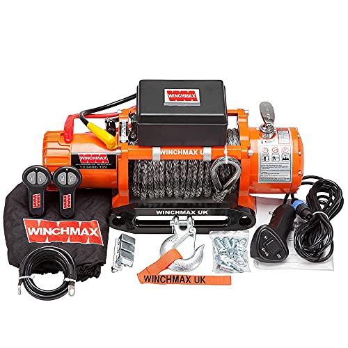 WINCHMAX 13,500lb (6,123kg) Original Orange 12v Electric Winch. 28m x 11mm Dyneema Synthetic Rope, 3/8 Inch Hook.
