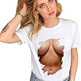 [PIGQIUGE] おっぱいホワイトＴシャツ 3D おもしろプリント lady半袖巨乳ペアルックリアガール胸とブラが見えてる ハロウィン 余興 面白 パーティ イベン (A,3XL) [並行輸入品]