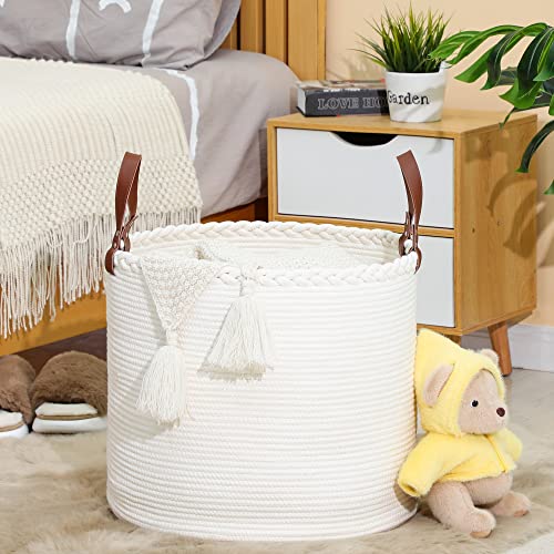 Kakamay Large Blanket Basket (18"X16"),Woven Baby Laundry Hamper,Cotton Rope Blanket Basket For Nursery, Laundry, Living Room, Pillows, Baby Toy Chest With Leather Handles (White) #TOP3