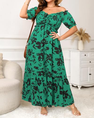 Image of Plus Size Sun Dresses Women - Summer Off the Shoulder Puff Sleeve A Line Boho Maxi Flow Long Dress 2025
