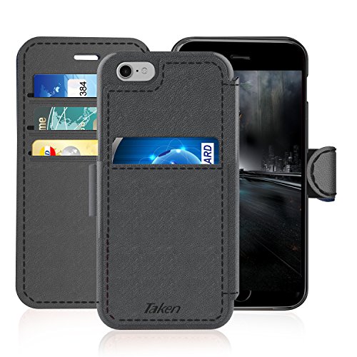 iPhone 6/6S Plus Leather Wallet Plastic Case with Credit Cards Slot and Metal Clip, TAKEN DIRECT Apple i Phone 6S Flip Cover, Vintage and Fashion, Durable and Shockproof Holster, 5.5 Inch (Gray)