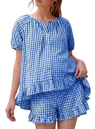 BLENCOT Womens Maternity Gingham Shorts Sets Summer Short Sleeve Button Down Cotton Lounge Pajamas Set 2 Piece Outfits Pregnancy Clothes Blue Medium