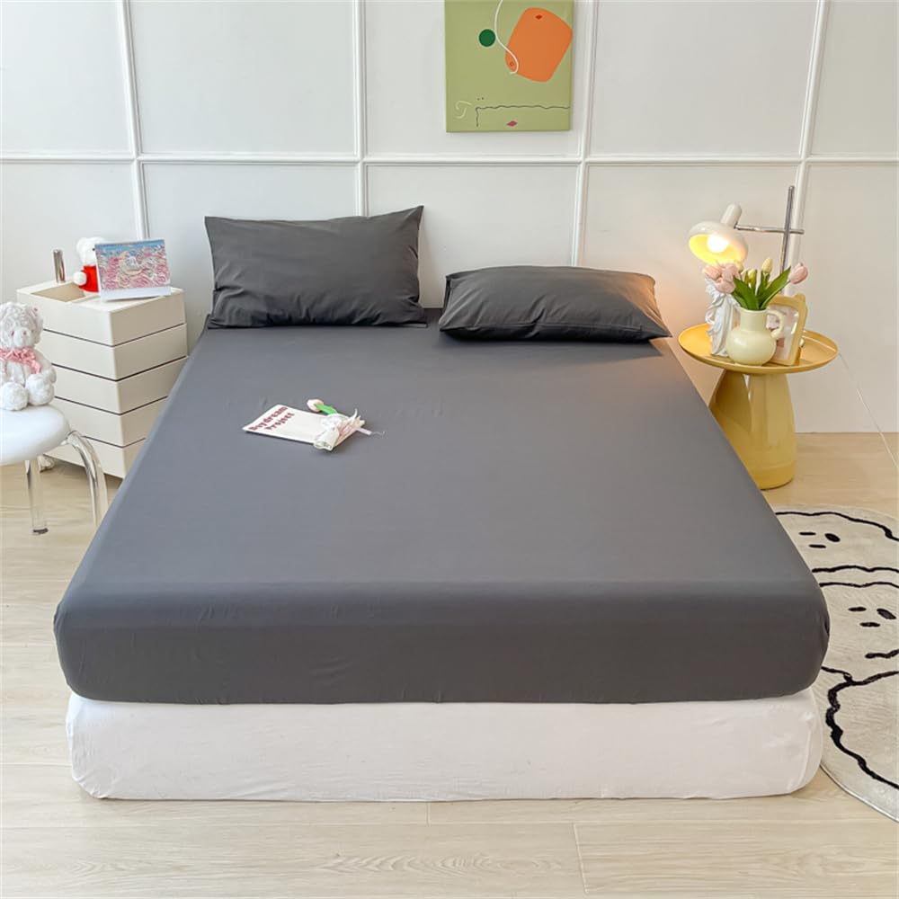 Mateju Solid Color Fitted Sheets with Matching Pillowcase, Deep Pocket 20 cm Microfiber Fitted Bed Sheets Soft Easy Care Fade Resistant for Single Double King Size Bed (Super King,Anthracite)