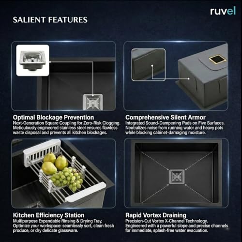 Image of RUVEL Kitchen Sink 24 inchx18 inchx9 inch | Premium Handmade 304 Grade Stainless Steel Single Bowl | Heavy Duty, Rust & Scratch Resistant | Includes Waste Coupling, Drain Rack & Hose Pipes | Black - Matt Finish