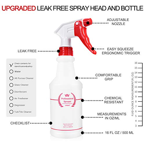 Uineko Plastic Spray Bottle (4 Pack, 16 Oz, All-Purpose) Heavy Duty Spraying Bottles Leak Proof Mist Empty Water Bottle for Cleaning Solution Planting Pet with Adjustable Nozzle and Measurements