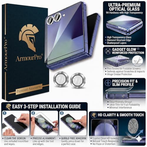 Image of ArmourPro Military-Grade Tempered Glass Compatible with Samsung Galaxy Z Flip 7 5G (6.9 Inch) with Silver Camera Ring Protector & Installation Kit | Edge to Edge Coverage