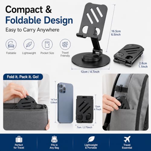 Image of Metal Mobile Phone Stand for Desk | Adjustable 360 Degree Rotating Foldable Holder for iPhone Android Smartphones | Anti Slip Stand for Video Calls Office Work