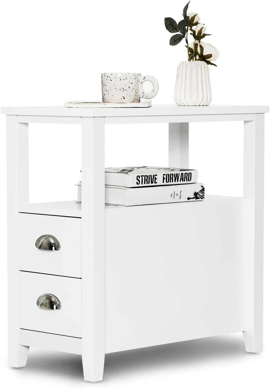 Giantex End Table Wooden W/ 2 Drawers and Shelf Space-Saving Rectangular Bedside Table with Metal Handle, Retro Side Table for Living Room Bedroom Home Furniture Side Table (1, White)