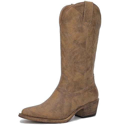 Image of GLOBALWIN Women's Mid Calf Western Cowboy Boots Cowgirl Boots for Women with Floral Embroidery Side Zipper Chunky Heel