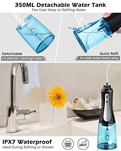 ELEGIANT Water Flosser for Teeth, 5 Modes Cordless Dental Oral Irrigator Rechargeable with 350ML Cleanable Water Tank, IPX7 Waterproof, Teeth Cleaner for Home, Travel, Braces and Bridges Care