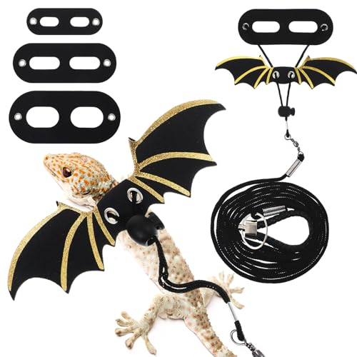Image of Bearded Dragon Leash and Harness Set, Adjustable Bearded Dragon Harness with 3 Size(S, M, L), Soft Lizard Reptile Leash with Gold Black Wing for BeardedDragon Lizard Reptiles