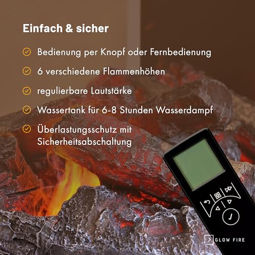 GLOW FIRE Wasserdampf Kamin OGF 1 Mini (Standkamin) - Elektrokamin mit realistischen LED 3D-Flammen, Knistereffekt & Fernbedienung, 55x96x40 cm - Opti-Myst 400 Elektro Kamin, Schwarz
