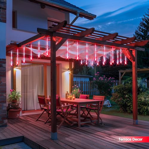 JMEXSUSS Red and White Solar Meteor Shower Rain Lights, 8 Tube 144 LED Solar Christmas Lights for Party Holiday Yard Patio Decorations