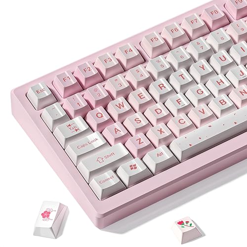 Image of dagaladoo PBT keycaps Set, Cherry Profile Keyboard Keycaps Cute | Glossy Cherry Blossom key caps,Custom keycaps for 60% 65% 75% 100% Cherry-MX switch Mechanical Keyboard(Pink,134-keys)