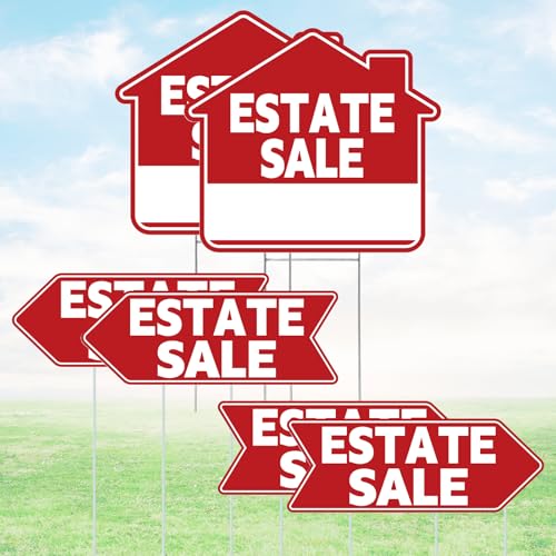 6pcs Estate Sale Signs with Stakes, 2 Large Estate Sale Signs 17' X 12' 4 Arrow for Sale by Owner Yard Sign, Home for Sale Sign Kit Waterproof Custom Real Estate Sign Post Estate Sale Supplies