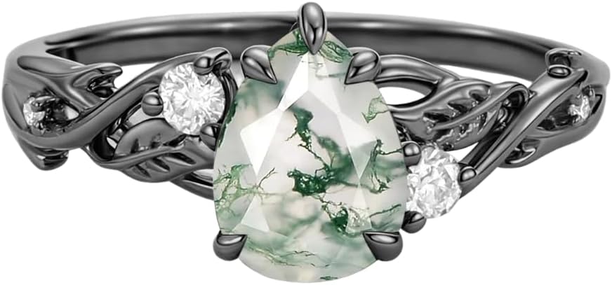 1-3 Carat Black Leaf Moss Agate Engagement Ring for Women S925 10K 14K 18K Gold Dainty Moss Agate with Moissanite Ring Birthday Christmas Jewelry Gift Size 4-12