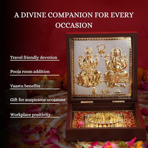 Image of Pocket Temple for Wedding Gift, Housewarming Gift & Pooja Room Decor | Gold Plated Photo Frame with Charan Paduka - 4.5 Inch (Laxmi Ganesh Brown)