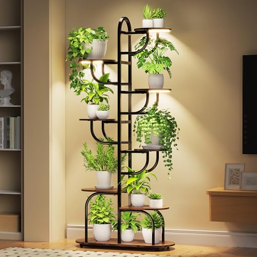 Image of Arch Plant Stand Indoor | Large 8-Tiered Tall Plant Stand with Full Spectrum Grow Light | Corner Black Freestanding Display Shelf for Collectibles | Suitable for Living Room, Study, Entrance, Balcony