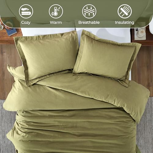 Image of Superior Rome Flannel Cotton Duvet Set, Soft Brushed Duvet Cover, Modern Farmhouse Bedding, Basics, Comforter or Duvet Insert Cover, Includes; Duvet Cover, Pillow Sham, Twin, Solid Sage