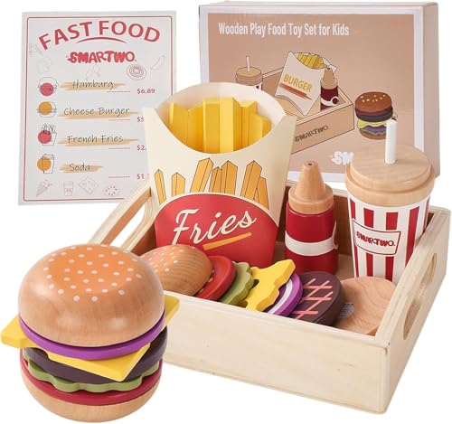 Wooden Play Food for Kids Pretend Hamburger Set Fast Food Toy Play Kitchen Accessories for Toddlers Toy Food Gift for Boys Girls Educational Toys