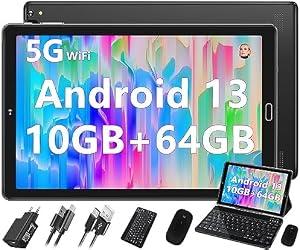 Tablet Táctil de 10.1 pulgadas con Android con 10GB RAM + 64GB ROM Procesador Octa-Core | Batería 8000mAh | WiFi 5G | GPS | Bluetooth 5.0 | 13MP + 5MP, Tablet táctil con Funda Protectora-Negro