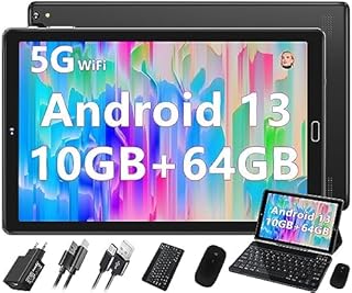 Tablet Táctil de 10.1 pulgadas con Android con 10GB RAM + 64GB ROM Procesador Octa-Core | Batería 8000mAh | WiFi 5G | GPS | Bluetooth 5.0 | 13MP + 5MP, Tablet táctil con Funda Protectora-Negro