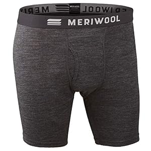 A pair of gray Meriwool boxer briefs on a white background.