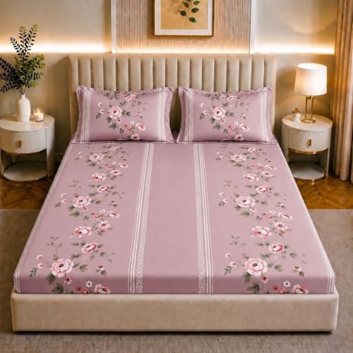Image of Castiqa Elastic Fitted Supersoft Premium Polycotton 200TC King Size Bedsheets with 2 Pillow Covers (Fits Upto Mattress of 8Inches) (Rose, Full 72x78x8Inch)