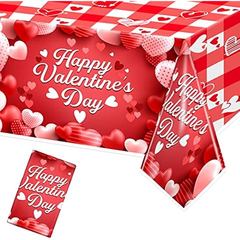 Valentines Tablecloth, 137*274cm Valentines Day Tablecloth Rectangular Red Table Cloth Love Heart Plastic Waterproof, Valentines Day Tablecloth for Valentines Table Engagement Anniversary Decor Cover