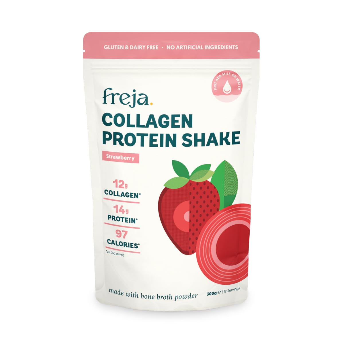 Collagen Protein Shake | Strawberry | Natural Bone Broth Powder | Dairy & Gluten Free | 300g (12 Servings)
