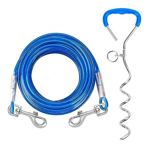 PatiencET Dog Tie Out Cable and Stake, 30ft Dog Tether for Yard Up to 180 Pounds, Dog Lead Stake with Reflective Outdoor Leash Cable for Camping Backyard Running（Blue）
