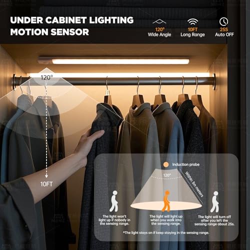 Image of KRESHU Rechargeable LED Motion Sensor Bar, USB Charging Under Cabinet, Wireless Magnetic Closet with 3 Color Modes, Dimmable Stick-On Wardrobe for Kitchen, Bedroom, Stairs Cabinets