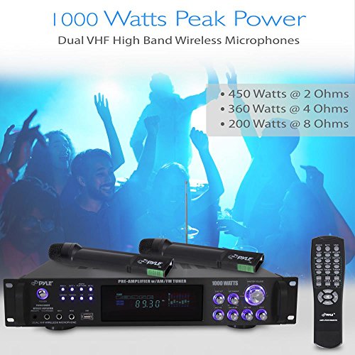 Pyle 4 Channel Home Audio Power Amplifier - 1000 Watt Stereo Receiver W/Speaker Selector, Am Fm Radio, Usb, Headphone, 2 Wireless Mics For Karaoke, Great For Home Entertainment System - Pwma1003T #TOP5