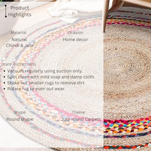 Image of Rounds Jute Carpet - Handwoven Natural Fiber Rug for Living Room, Bedroom, Entryway | Boho Chic Eco-Friendly Area Rug | Rustic Designer Floor Mat:-(Chindi Design, 6x6 feet