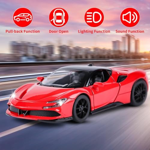 Image of PLUSPOINT Diecast Red Ferari SF90 STRADALE Hardtop Toy Car Scale Model Pull Back Vehicles with Doors openable Alloy Simulation Supercar with Lights and Sound Also for Car Dashboard Kids Adult