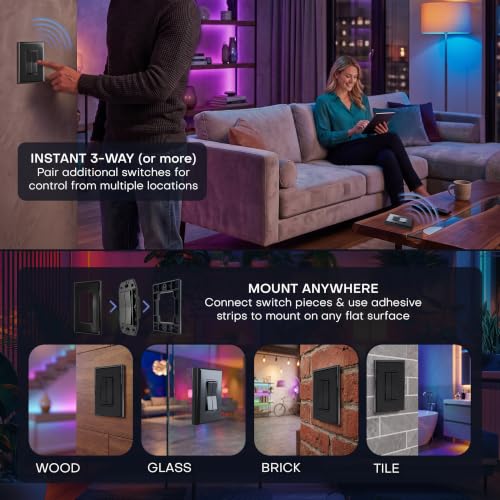 Image of RunLessWire Click for Hue Battery-Free Wireless Smart Switch 2 Pack Black | Dimmable Kinetic Switch Pairs Natively to Philips Hue Bridge, 4 Programmable Buttons to Control Scenes & Areas, 100ft Range