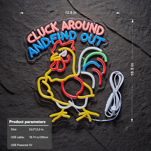 Image of Funny Chicken Looking Around Neon Sign with inchCLUCK AROUND AND FIND OUT inch for Wall Decor,Rooster LED Sign for Home Farmhouse Kitchen Garden Man Cave Gift