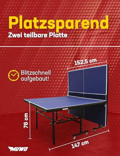 Foto von MUWO Premium Indoor Tischtennisplatte mit klappbarer MDF-Platte, Robustes, rollbares Stahlgestell mit doppelter Kippsicherung. Maße: 274 x 152,5 x 76 cm (Blau)