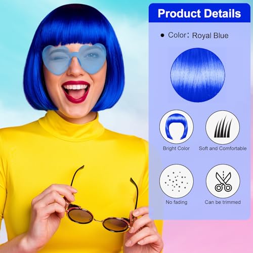 Image of PLULON Blue Bob Wig and Sunglass Set, Neon Short Bob Wig Sunglass Pack Costume Colorful Cosplay Hairpieces for Bachelorette Neon Party Favors, Halloween Decorations