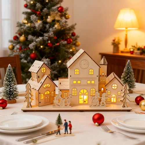 3 Stk Weihnachtsdorf Mit Beleuchtung, Weihnachtshaus Beleuchtet Aus Holz – Ansicht 7
