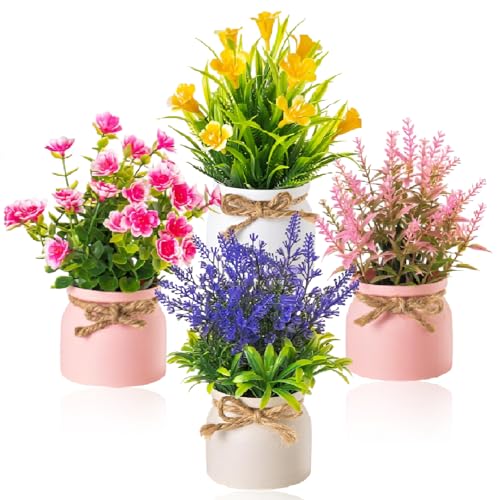 LEIMEND 4 Stück Kunstpflanze Klein Rose Gelb Rosa Violett Kunstblumen im Topf Künstliche Blumenpflanzen für Wohnzimmer Schlafzimmer Badezimmer Küchen Zuhause Innen Deko
