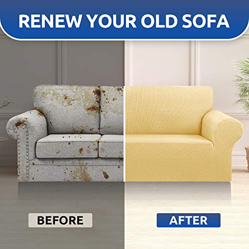 KEKUOU Stretch Oversized Sofa Slipcover 1 Piece Couch Sofa Cover (94"-110") Furniture Protector 4 Seater Sofa with Elastic Bottom for Kids,Pet.Jacquard Checked Pattern Fabric(X Large,Champagne)