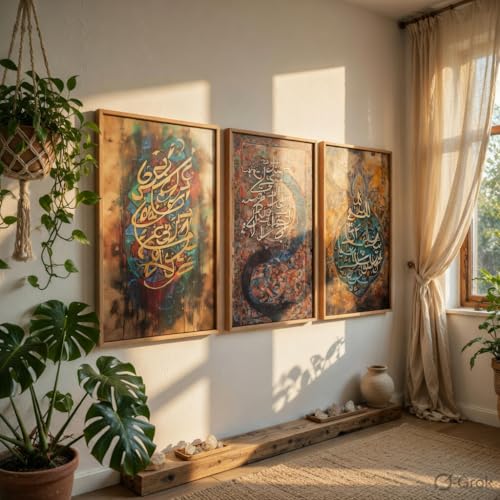 Image of Livin'luxe Islamic Calligraphy Wall Painting Set of 3 with Wooden color Frames | Arabic Quranic Calligraphy Islamic Wall Art | HD Sparkle Printed MDF Wall Decor for Living Room, Bedroom & Prayer Room