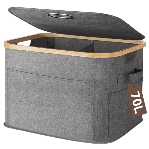OUSFOT Panier à Linge 2 Compartiment 70 L, Petit Bac a Linge Sale Facile à Assembler avec Poignées, Corbeille Linge en Tissu Oxford 600D, pour Chambres à...