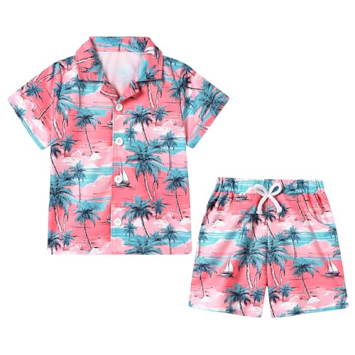 YUEMION Boys Hawaiian Outfit 2Pcs Set Summer Beach Button-Down Shirt Top + Shorts for Kids(Pink - palm tree 6-7 Years)