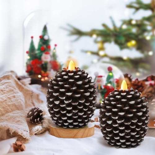 Image of Wondise Flameless Candles with 6H Timer, Battery Operated Flickering Wick Real Wax Pine Cone Candles for Holiday Indoor Decoration, Set of 2, Brown(D3.5 x H4.7 Inch)