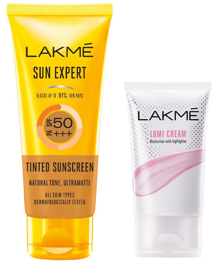 Image of LAKME Sun Expert Tinted Sunscreen 50 SPF, 100 G & Lakme Lumi Cream,Moisturizer With Highlighter, Enriched With Niacinamide For All Skin Type,30 Gm