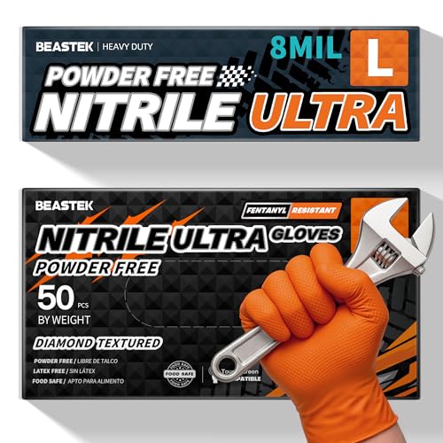 Beastek Nitrile Disposable Gloves, 8 Mil Powder Free Latex Free Chemical Resistant Heavy Duty Food Safe Diamond Gloves, Orange 50 Pcs (Large)